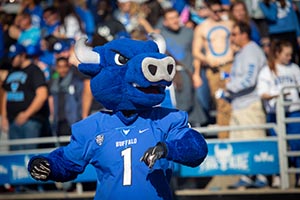 UB's mascot Victor E. Bull with a stadium crowd behind him.